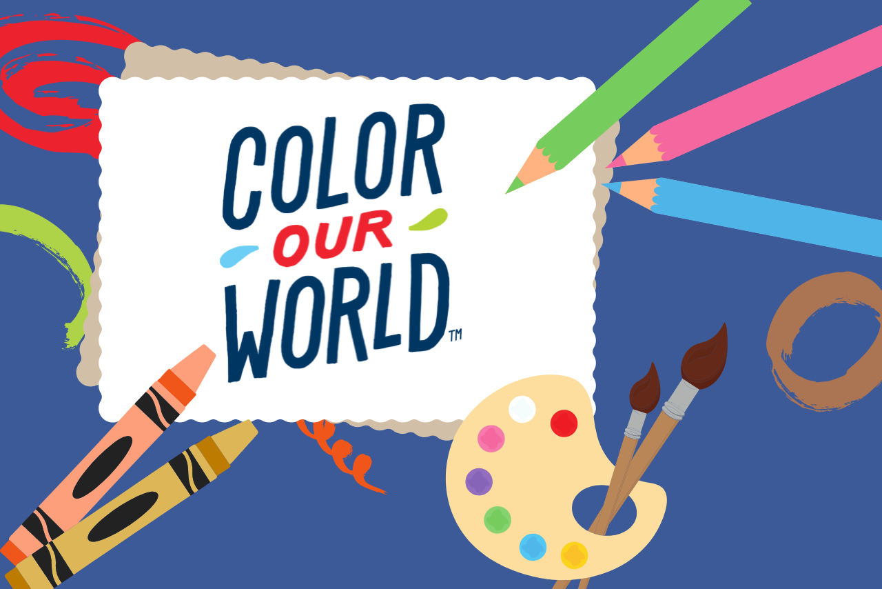 colored pencils, crayons and a paint pallet scattered on a blue background. Text captions Color Our World