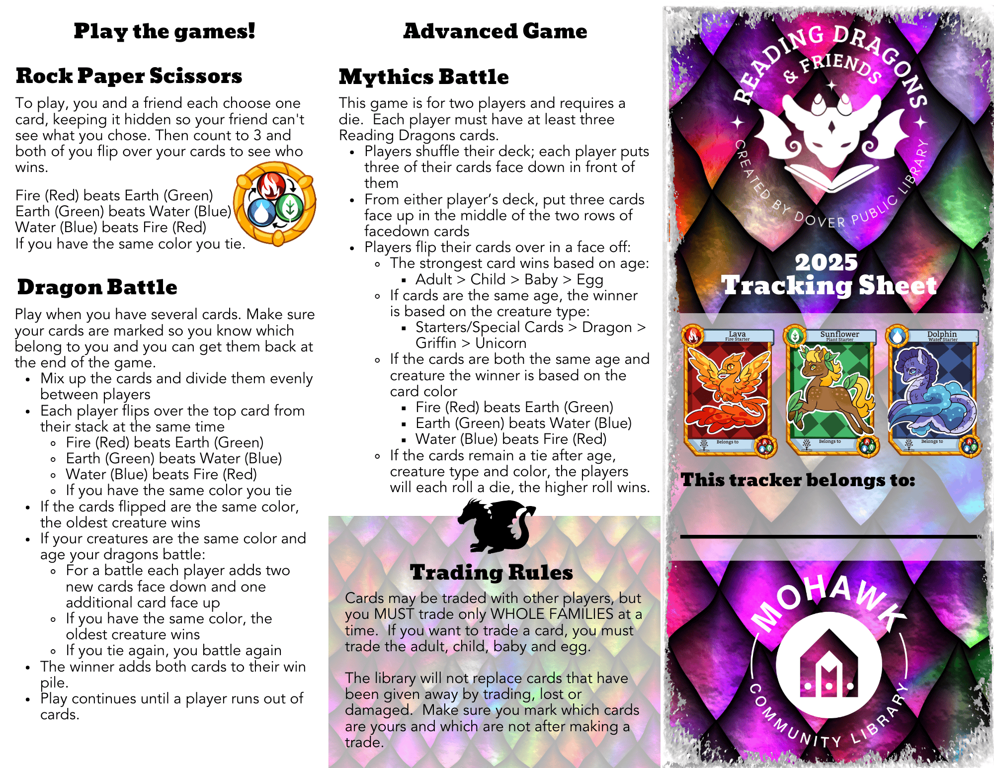 Reading Dragons and Friends brochure with rainbow scales. Rules of games listed in detail.