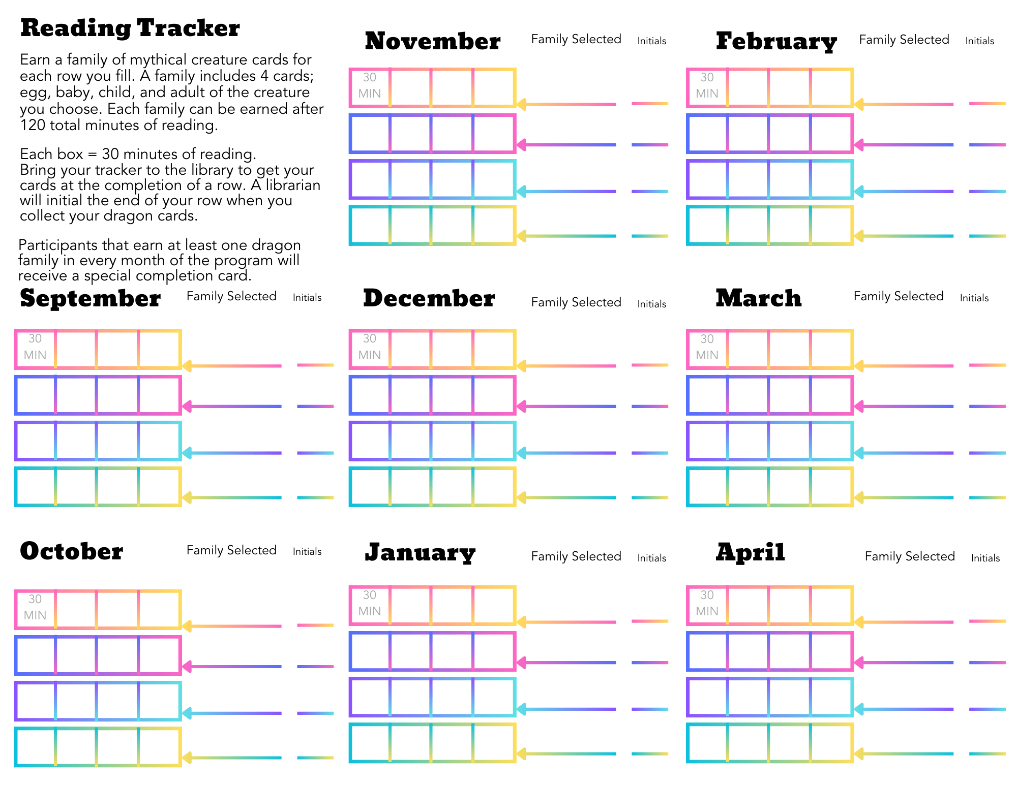 Instructions for earning cards. Check boxes to track reading time.