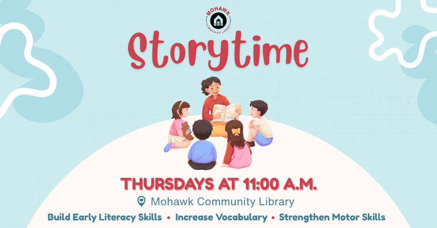 Storytime Text with image of woman reading to children. Text states Thursdays at 11:00 a.m.