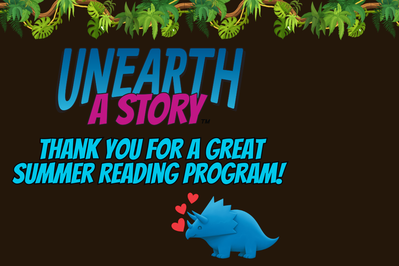 Vines and blue triceratops with three hearts with text.