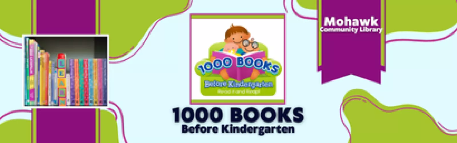 light blue background with green and purple in each corner of image, has 1000 books before kindergarten logo image of a boy reading a book in the middle