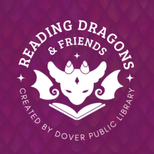 Reading Dragons & Friends Logo - Dragon Reading Book with Magenta Scale Background