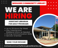Text states We are hiring. Assistant Librarian for Adult Programs.